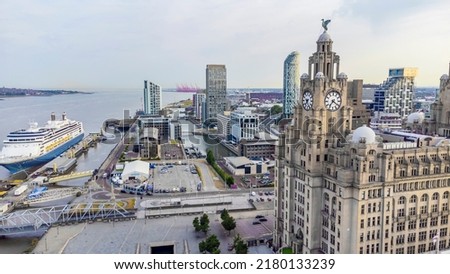 drone view of Liverpool city - alert dock - Royal Liver Building - aerial photography