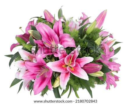 Pink and green bouquet of flowers can be made in the background.