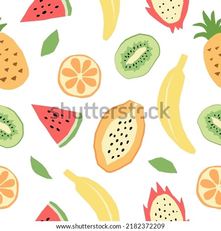 Bright seamless pattern with abstract flat fruits. Vector white wallpaper. Tropical textiles, surface design