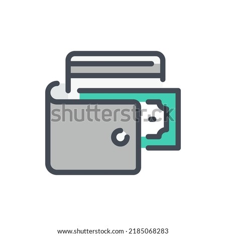 Wallet and online payment color line icon. Purse with credit card and money note vector outline colorful sign.