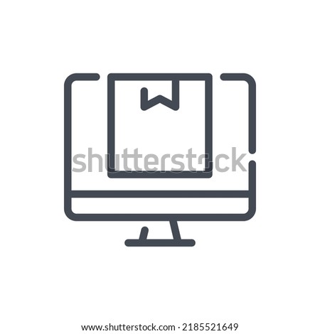 Online order and delivery line icon. Computer with delivery box vector outline sign.