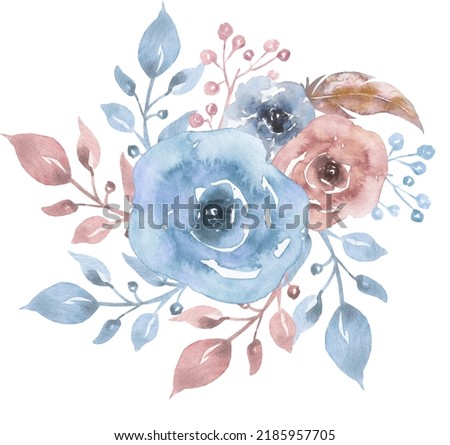 Watercolor floral bouquet illustration with pink and navy blue flowers,  leaves, wedding invitation, card making, baby shower graphics
