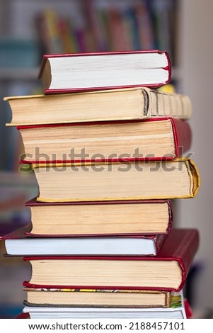 stack of books in the library close-up
