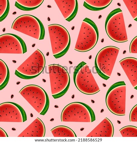Illustration of a seamless pattern with watermelon slices. Juicy fruits