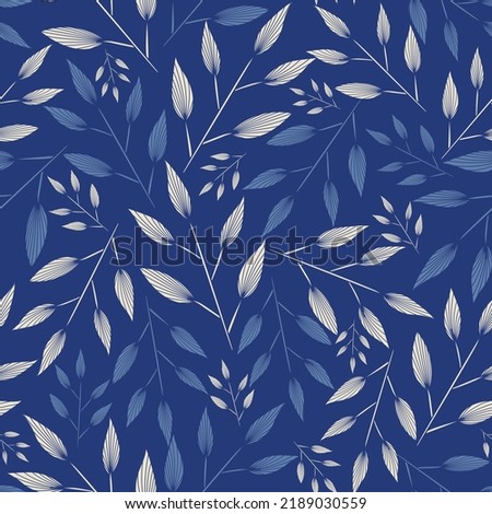 Vector artistic ornamental leaves twigs branches on blue elegant retro seamless pattern background. Great for fashion allover fabric print, textile, packaging projects, wallpapers and much more