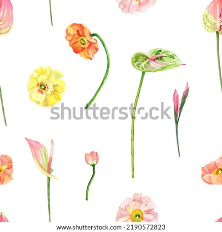 Hand painted watercolor floral bouquet. Iceland Poppies, anthurium flowers and eucalyptus illustration isolated on white background. Watercolor hand drawn seamless pattern, wallpaper, wrapping paper