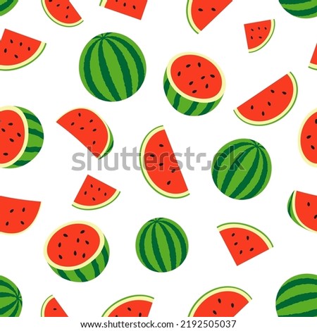 Fresh and juicy whole watermelons and slices. Seamless pattern on white background.