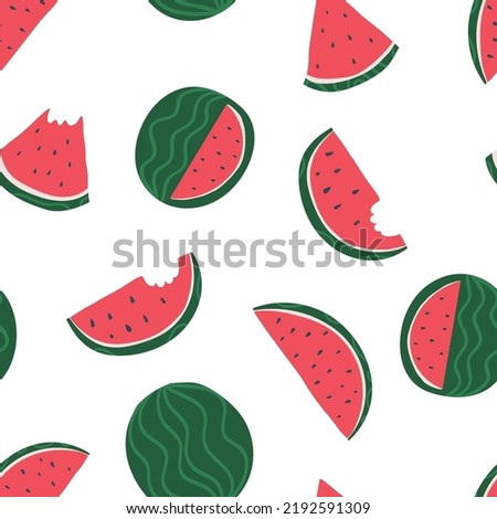 Watermelon seamless pattern on the white background. Summer ripe fruits concept. A delicious slices with seeds.