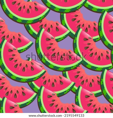 Watermelon slice seamless pattern on very peri background for wrapping paper or textile. Hand drawn watermelon slice. Vintage illustration.