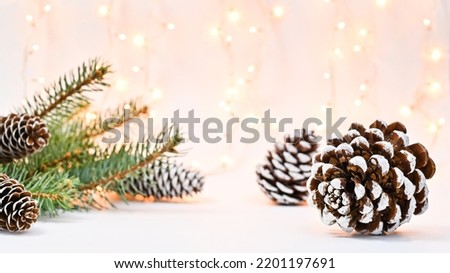 Christmas background with fir branches and pine cones on white theme with lights. Winter holidays concept