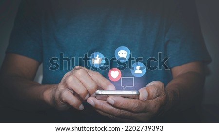 Man using mobile phone to communicate via internet network, concepts, social media, long distance phone, long distance video call, digital online, social distancing and working from home.