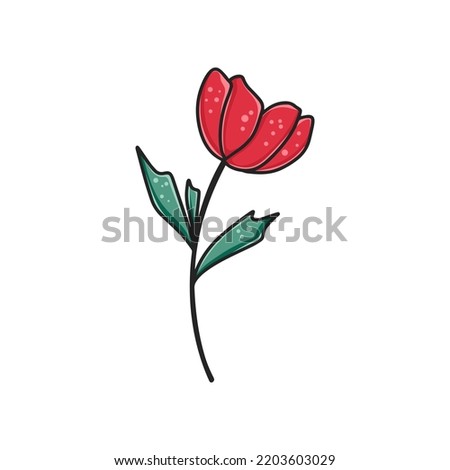 Red single beautiful flower clipart. Hand drawn floral natural decoration isolated vector illustration. Blossoming bud on stem with leaves cartoon