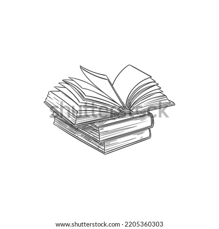 Pile of books and open textbook isolated sketch. Vector literature in hardcover, stalk of dictionaries