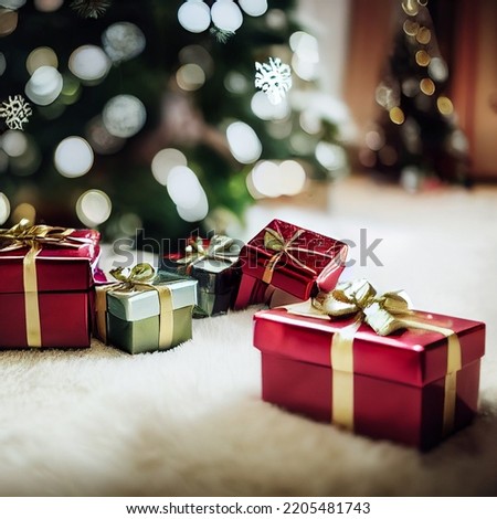 beautiful Christmas gift boxes on the floor. Christmas gift