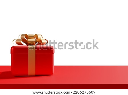3D gift box red with ribbon on the podium on a white background, Merry Christmas and happy new year concept with festive decoration for Christmas, birthday, Happy new year. 3d rendering illustration.