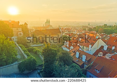 Prague City Morning Skyline, View of the Lesser Town or Little Quarter from the walls of Prague Castle.