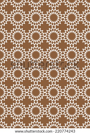 Vector illustration of snowflake inspired geometric repeat pattern in brown and white. 
