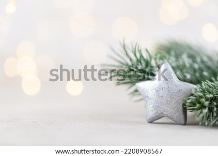Christmas background with fir branches, decor on bohek background.