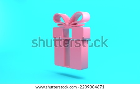 Pink Gift box icon isolated on turquoise blue background. Merry Christmas and Happy New Year. Minimalism concept. 3D render illustration.