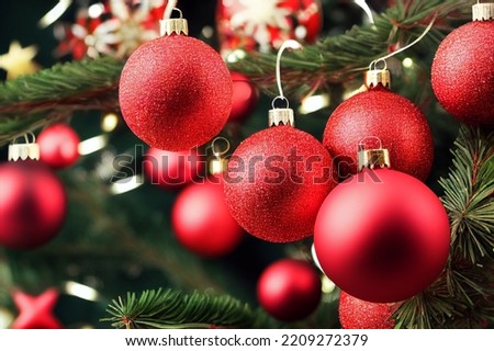 Christmas Tree with Red Balls and Stars.Christmas new year holidays concept decoration.festive winter season background. template for design. banner, copy space