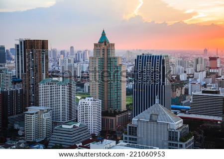 Aerial view of Bangkok Skyline at sunset
