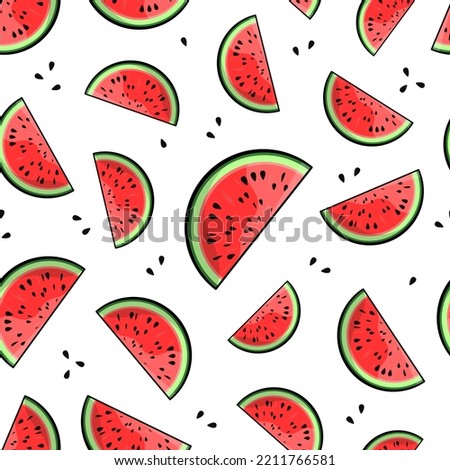 Watermelon vector seamless pattern. Cut slices and seeds on white background. Best for textile, wallpapers, home decoration, wrapping paper, package and web design.