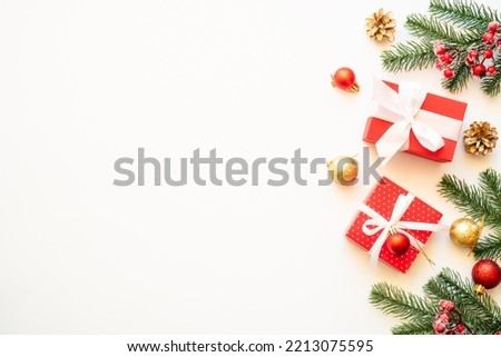 Christmas holiday decorations at white background.