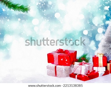 Digital drawing of christmas nature background with red gift boxes in painting on paper style