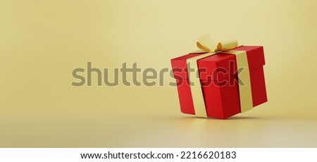 Red gift box on gold background. New Year and Christmas banner. 3d rendering.