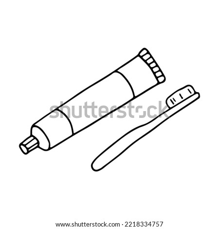 Oral hygiene products. A tube of toothpaste and a toothbrush. Hygiene, daily dental care. Doodle. Hand drawn. Vector illustration. Outline.