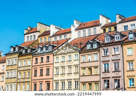 Facade of old classic buildings in the Old Town Market Place or Rynek Starego Miasta in the old town of Warsaw, Poland