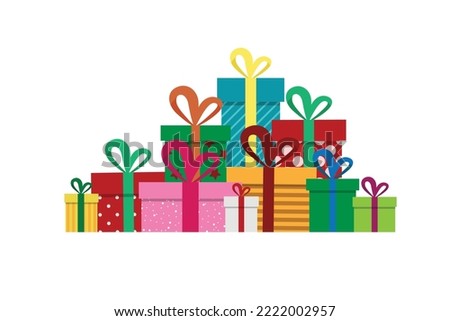The gift box presents are isolated in white. Colorful wrapped. Sale, shopping concept. Collection for Birthday, Christmas. For Vector Cartoon flat design.