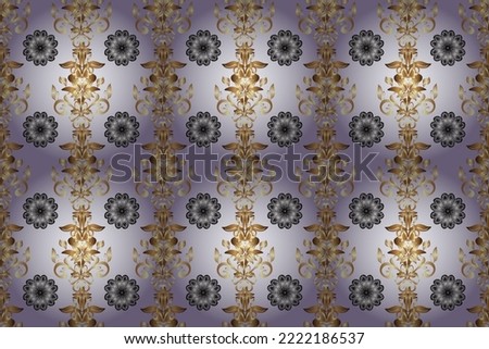 Seamless golden pattern. Raster golden floral ornament brocade textile and glass pattern. Gold metal with floral pattern. Neutral, gray and beige colors with golden elements.