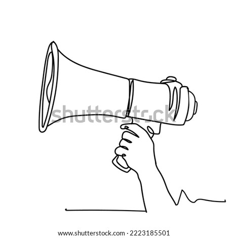 Continuous one line drawing of Megaphone announcement, One continuous single line drawing of hand hold horn isolated.