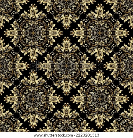 Floral pattern. Vintage wallpaper in the Baroque style. Seamless vector background. Gold and black ornament for fabric, wallpaper, packaging. Ornate Damask flower ornament