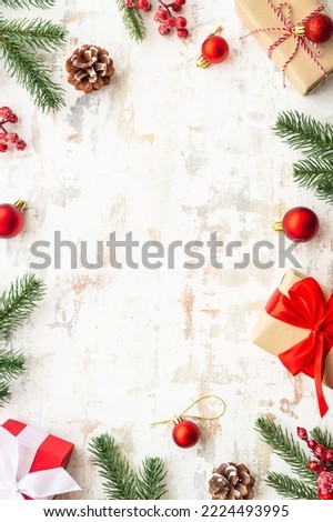 Christmas holiday decorations at white background.