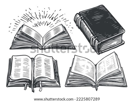 Book set sketch. Old open notebook with ribbon bookmark. School education, literature concept. Vector illustration