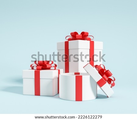 Pile of white gift boxes wrapped with red ribbon on light blue background. Concept of gift and surprise. 3D rendering