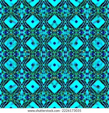 Geo Art Ornament. Blue, Cyan, Indigo Canvas. Moroccan, Tunisian Motif. Turkish, Arab Seamless Pattern. Summer Folk Mosaic. Stripes Embroidery.