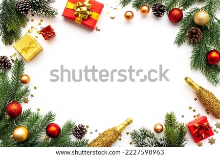 Christmas and New Year holiday frame background with fir and deco baubles