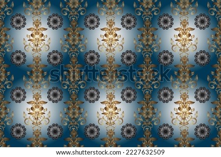 Seamless pattern oriental ornament. Golden pattern on neutral, blue and beige colors with golden elements. Islamic design. Raster golden textile print. Floral tiles.