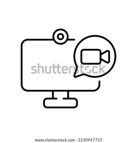 Video meeting. Communication, technology, PC, camera, video conference, business, online school, student, pupil, internet, online. Communication concept. Vector black line icon on a white background