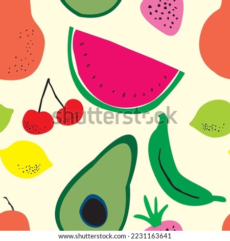 Hand painted seamless pattern with colorful fruits in yellow background.