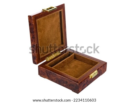 Empty Open wooden jewelry box with brown velvet lining and vintage accessories and Clipping Pathon white background. used for storing small things, Luxury packaging for anything.