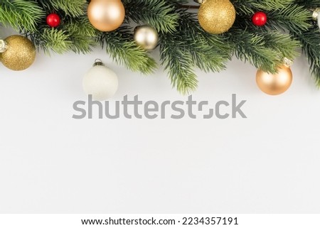 Christmas composition. festive decor on white background. Copy space, flat lay, top view.