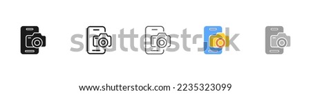 Phone with Photo cameras set icon. Take pictures, image, photographer, digital, device, shutter, lens, creative occupation, hobby, art. Vector five icon in different style on white background