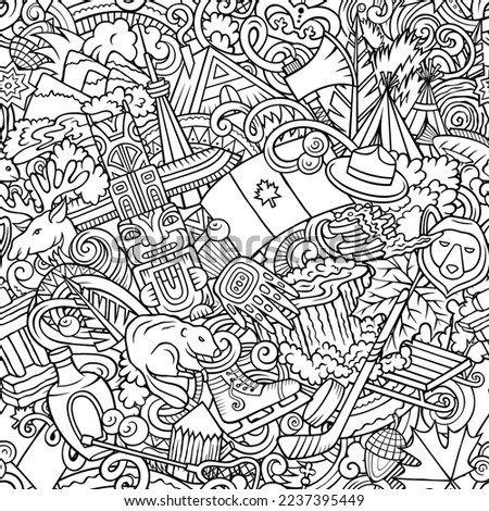 Cartoon doodles Canada seamless pattern. Backdrop with local Canadian culture symbols and items. Sketchy background for print on fabric, textile, greeting cards, scarves, wallpaper