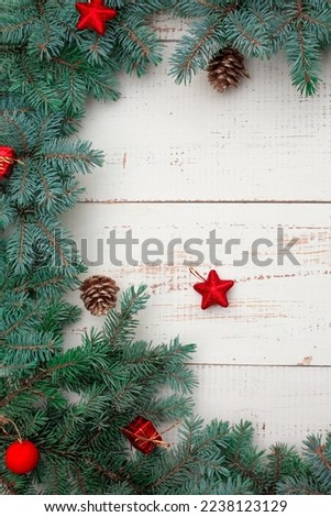 Christmas background on white wooden table. Top view.