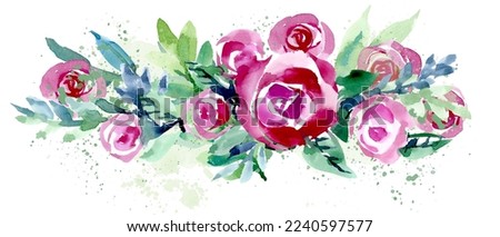 Floral design of roses on a white background. Summer bouquet of roses. Flower composition for the design of postcards, invitations, banners, labels