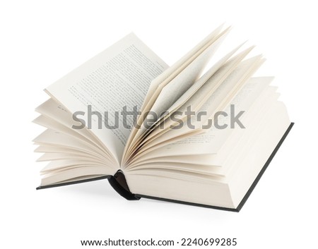 Open black hardcover book isolated on white